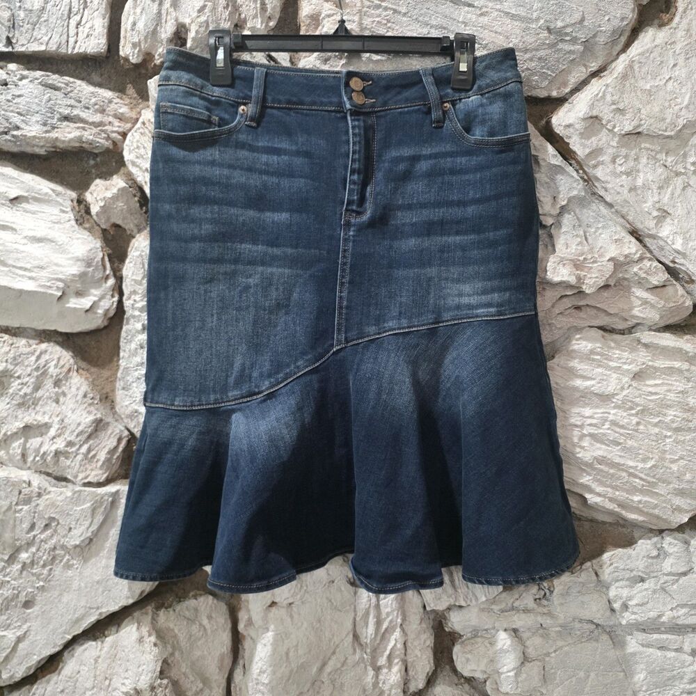 Style & Co Women Vintage Y2k Denim Midi Skirt Size 6 Dark Blue Trumpet Ruffle 10